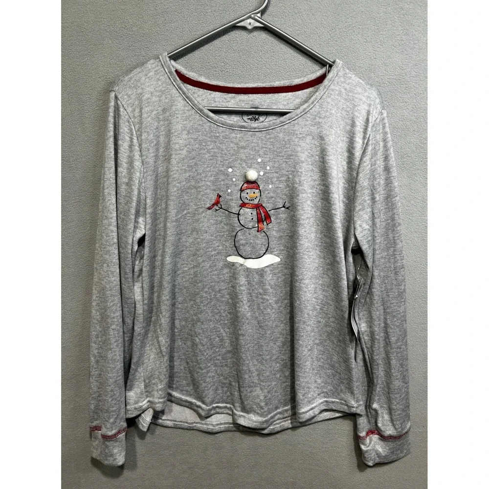 Laura Ashley Womens Gray Snowman Cardinal Long Sleeve Pajama‎ Top Shirt Large